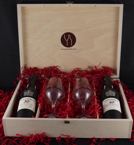 Taylors 70 years of Port (35cl) with two Taylors Port glasses.