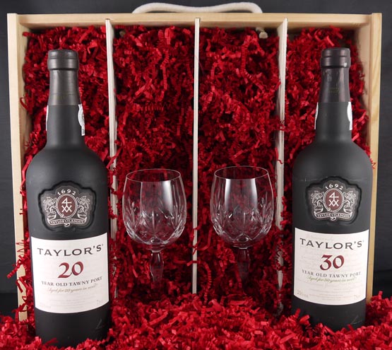 Taylors 50 years of Port (75cl) and two Crystal Port glasses. 
