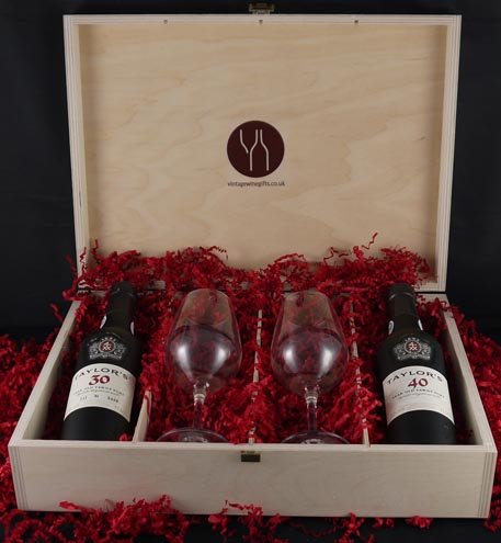 Taylors 70 years of Port (35cl) with two Taylors Port glasses.